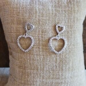 925 Silver Rhinestone Double Heart Dangle Post Earrings